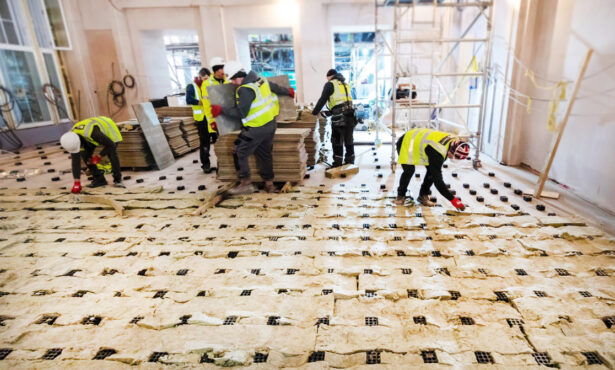 The Farrat specialist floating floor system being installed in Claridge's Art Deco ballroom